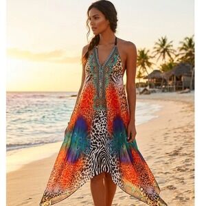 Celina Animal Print Halter Maxi Dress Rhinestone Peacock Boho Free Size